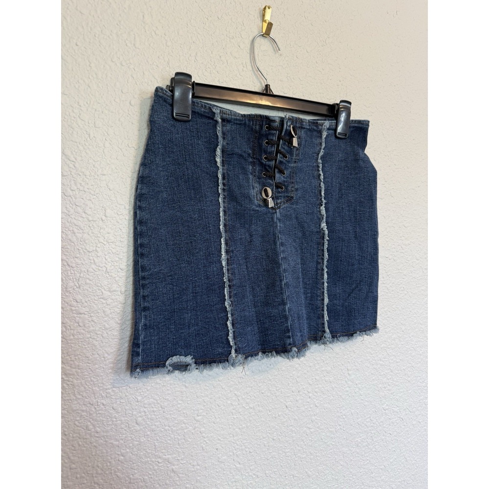 VTG Lace UpDenim Mini Skirt Y2K Size Med Boho Festival Raw Hem 90s Grunge - Picture 3 of 10